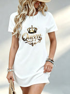 Printed Design Not Textured, Casual Style, Women Dress, Queen Crown Graphic, Daily Wear, Gift for Her, 100 Percent Polyester - White