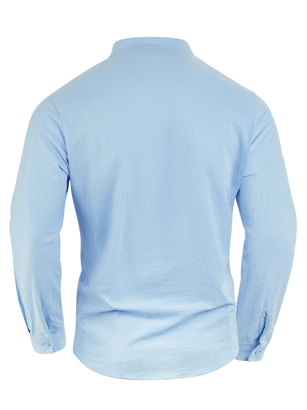 Men'S Linen Material Small Lapel Design Half-Open Button-Up Pullover Style Solid Color Casual Long Sleeve Shirt Suitable for Vacation Travel And Other Activities - Sky Blue