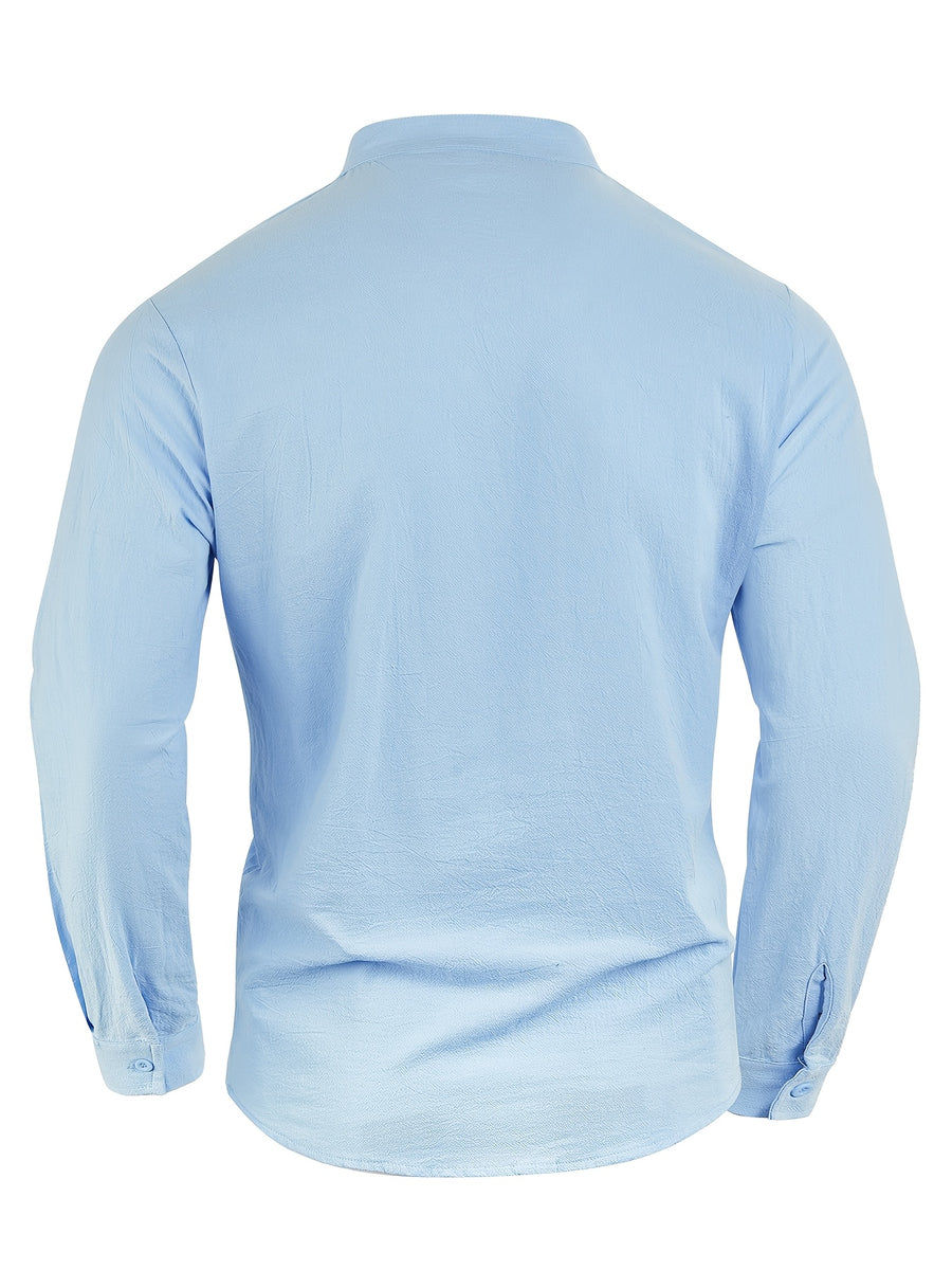 Men'S Linen Material Small Lapel Design Half-Open Button-Up Pullover Style Solid Color Casual Long Sleeve Shirt Suitable for Vacation Travel And Other Activities - Sky Blue