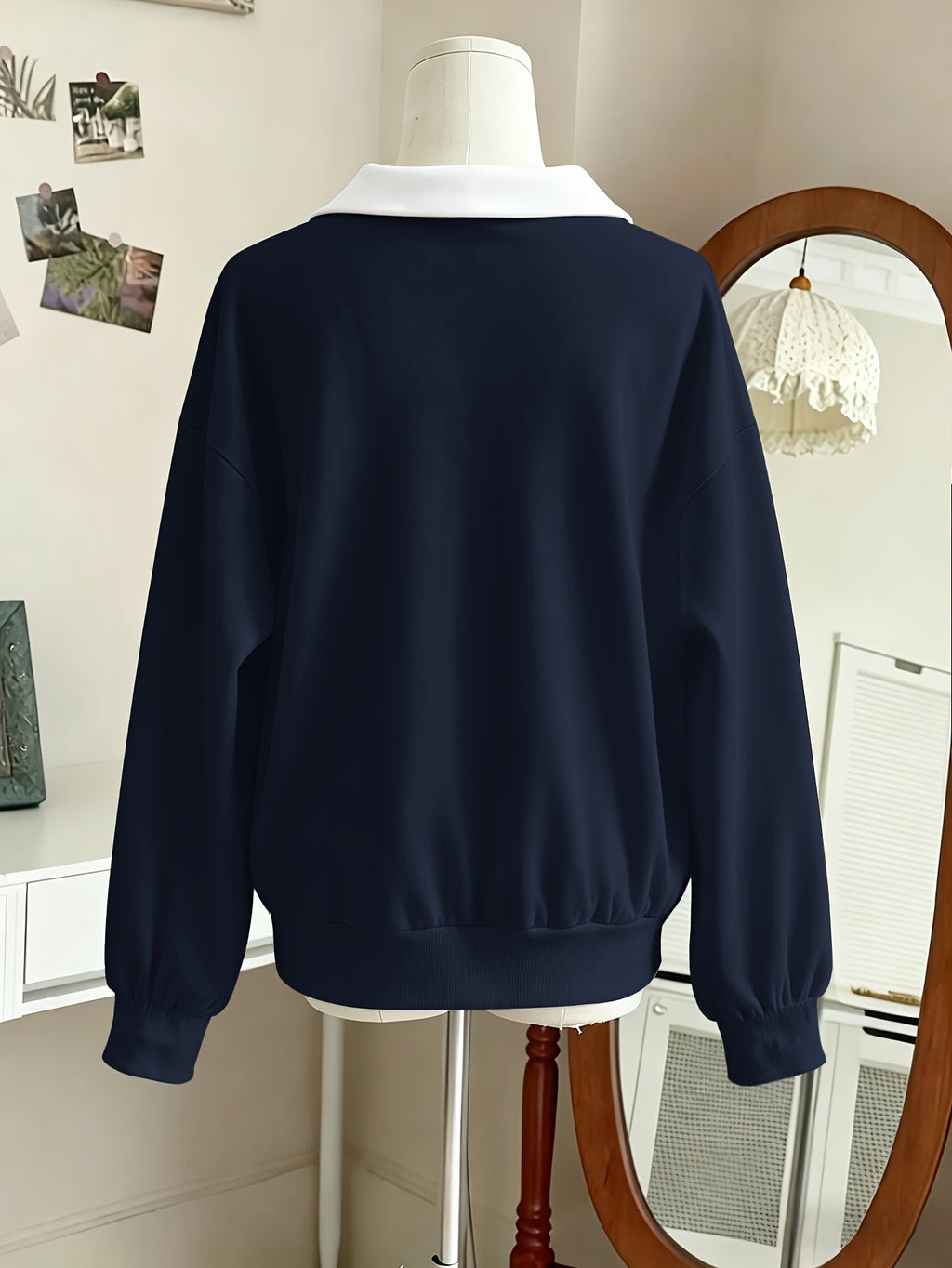 Women's Graphic Print Contrast Collar Polo V Neck Long Sleeve Sweatshirt, Loose Soft Casual Fall Winter Daily Wear - Navy blue color