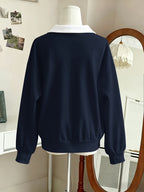 Women's Graphic Print Contrast Collar Polo V Neck Long Sleeve Sweatshirt, Loose Soft Casual Fall Winter Daily Wear - Navy blue color