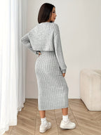 Two-Piece Set: Women'S Ribbed Drop Shoulder Button Jacket with Slim-Fit Knee-Length Dress, New Autumn Product - Light Grey