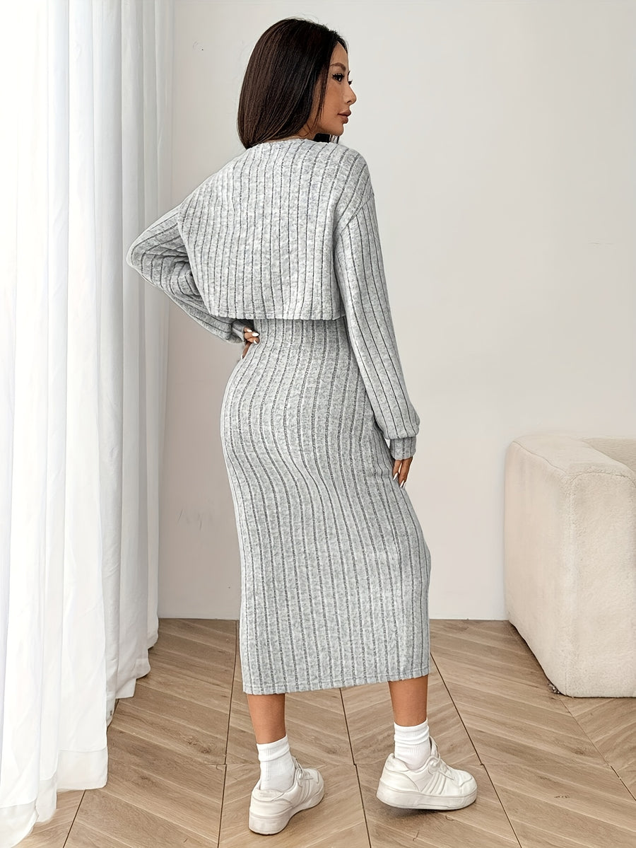 Two-Piece Set: Women'S Ribbed Drop Shoulder Button Jacket with Slim-Fit Knee-Length Dress, New Autumn Product - Light Grey
