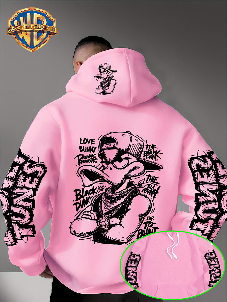 Dark Duffy Duck Pattern Print - Men'S Fashion Hoodie Sweatshirt, Trendy Sleeve Print Design, Suitable for Multi-Style Daily Wear Pullover, Soft And Delicate Touch, Helping You Be Comfortable And Stylish, Easily Mastered for Campus, Commuting - Pink Color