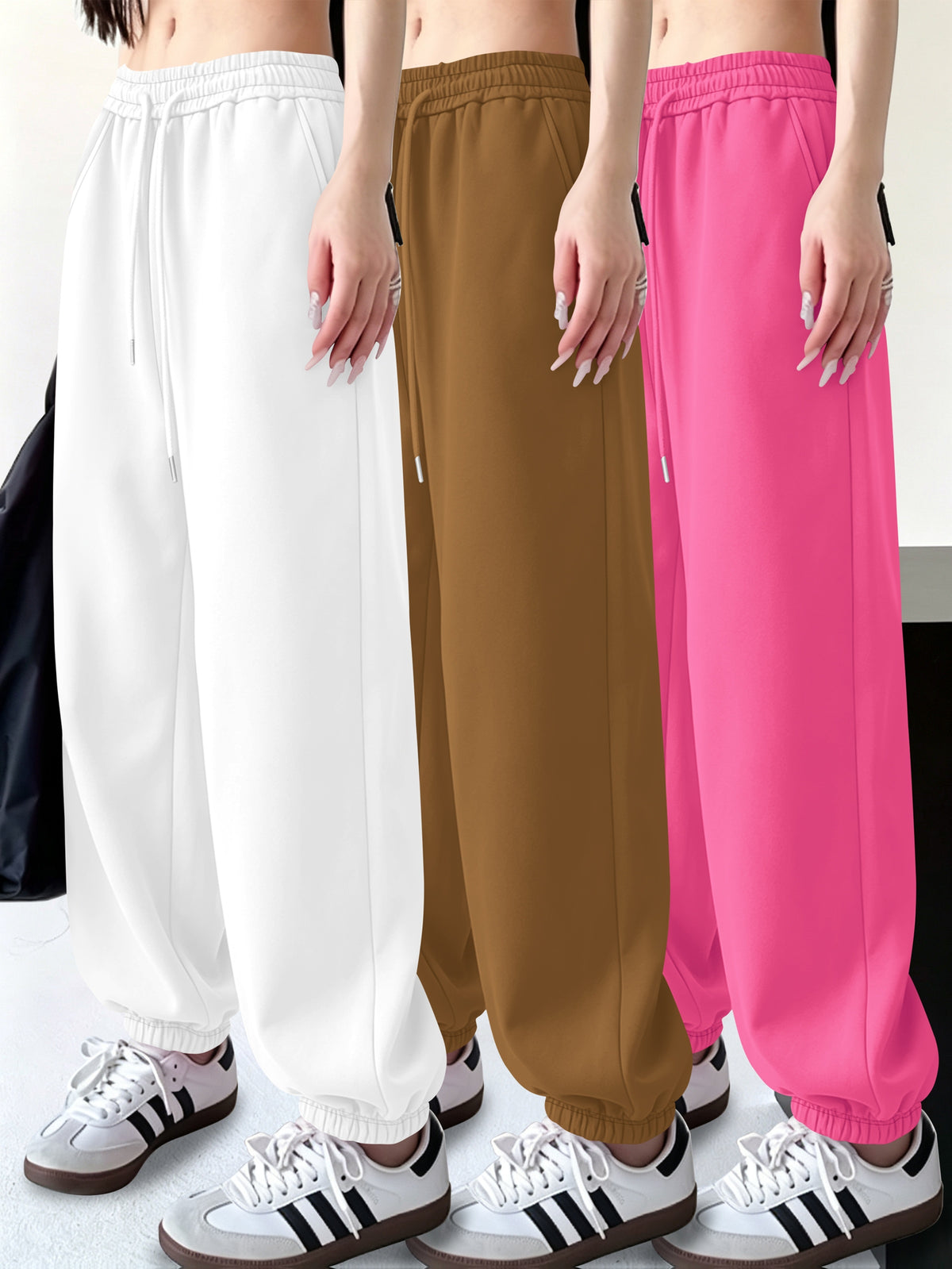 3pcs Set Halloween Casual Long Pants Elastic Waistband Pants, Warm Elastic Waistband Casual Trousers for Women's Outerwear in Fall/Winter - White+khaki+pink