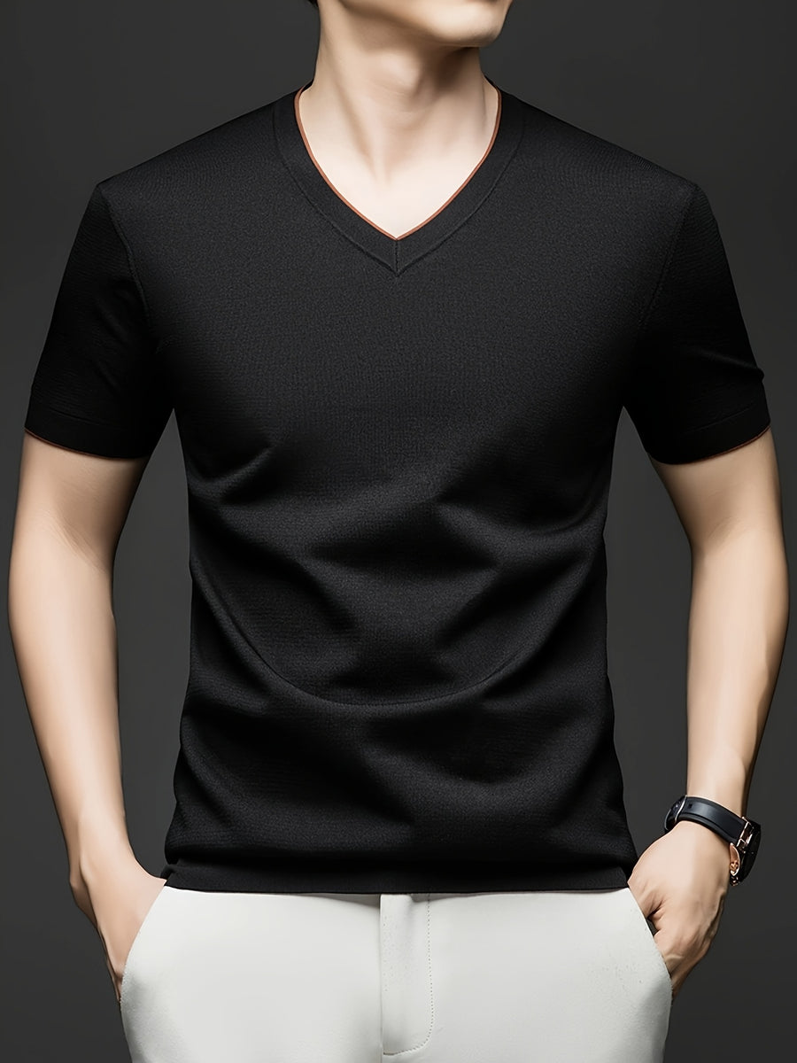 Men'S Casual Sportswear Sweater, Knitwear Summer New Men'S Casual V-Neck Pullover Short-Sleeved T-Shirt Middle-Aged Solid Color Knit T-Shirt Half-Sleeve Top - Black