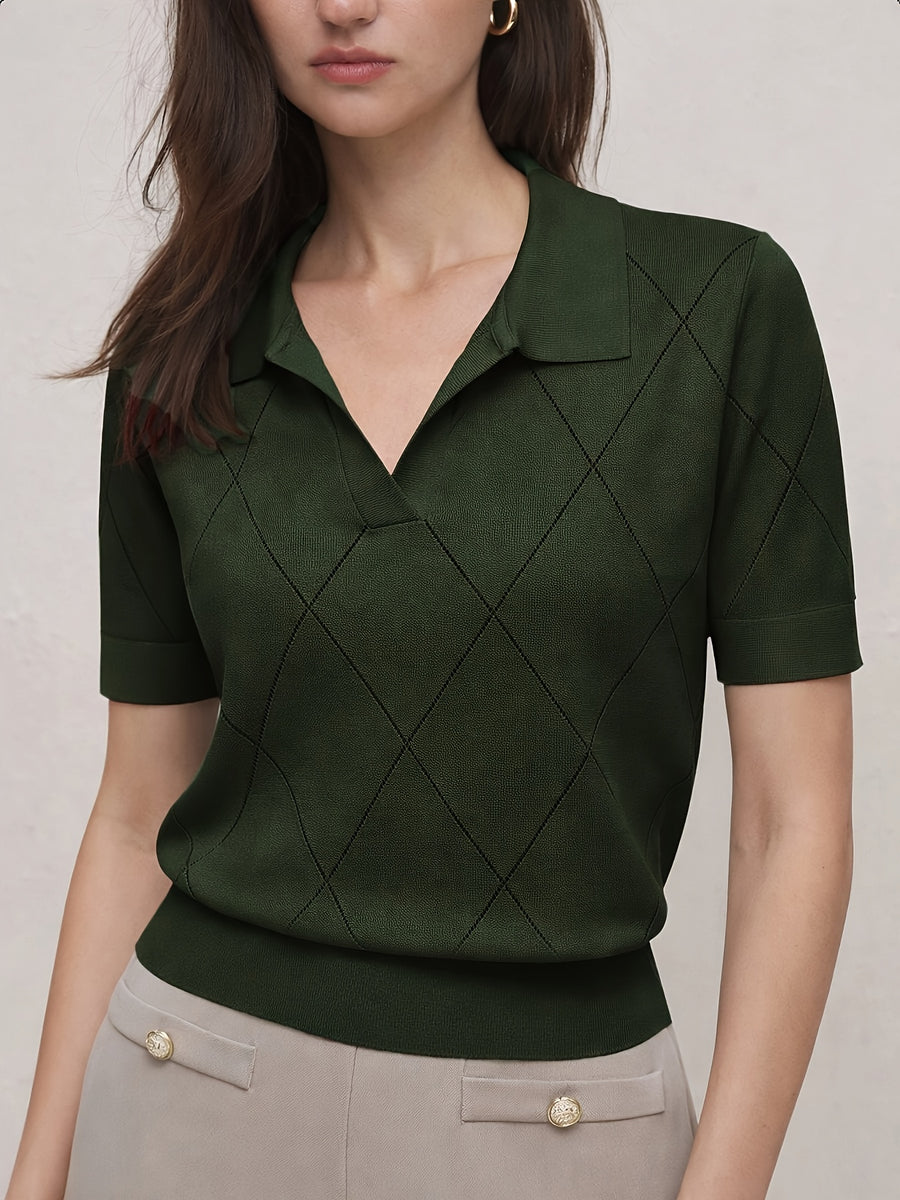 Women's Collar Rhombus Pattern Short Sleeve Top, Versatile Commuter Style for Spring and Summer - Olive Green