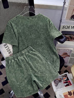 Summer Trendy Fashion Distressed Washed Short Sleeve Shorts with Drawstring Women'S Set NEW YORK City Letter Print American College Style (Varsity), New York Landmark Theme, Retro Style Comfortable for Hot Weather, Classic Silhouette for Styling - Green