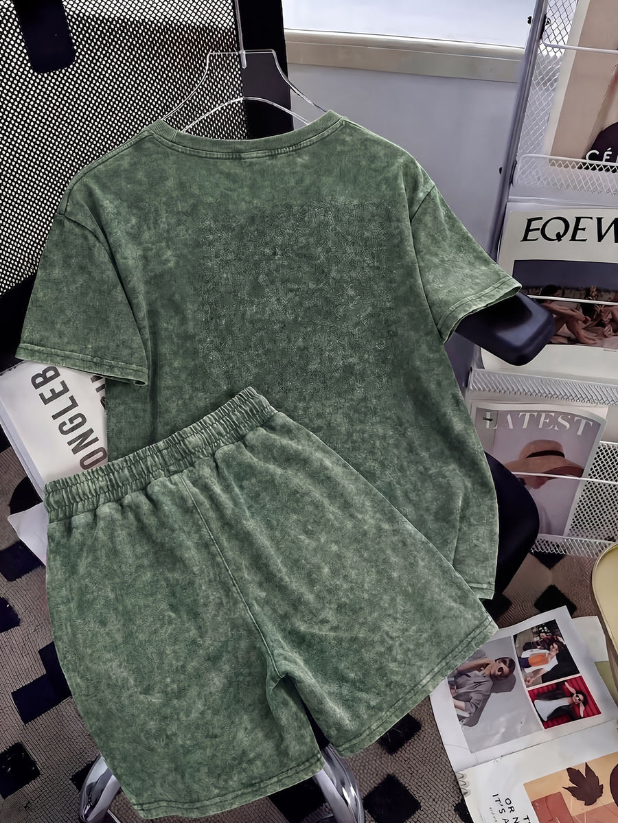 Summer Trendy Fashion Distressed Washed Short Sleeve Shorts with Drawstring Women'S Set NEW YORK City Letter Print American College Style (Varsity), New York Landmark Theme, Retro Style Comfortable for Hot Weather, Classic Silhouette for Styling - Green