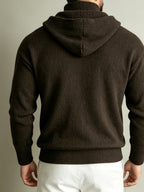 Autumn/Winter Men's 2-in-1 Look Hooded Knit Sweater, Half-Zip High Neck Design with Overlay Button Placket, Fine, Soft, and Skin-Friendly Fabric, Regular Fit for Slimming and Concealing. A Versatile Top for Casual and Daily Commutes, a Warm - Coffee Color