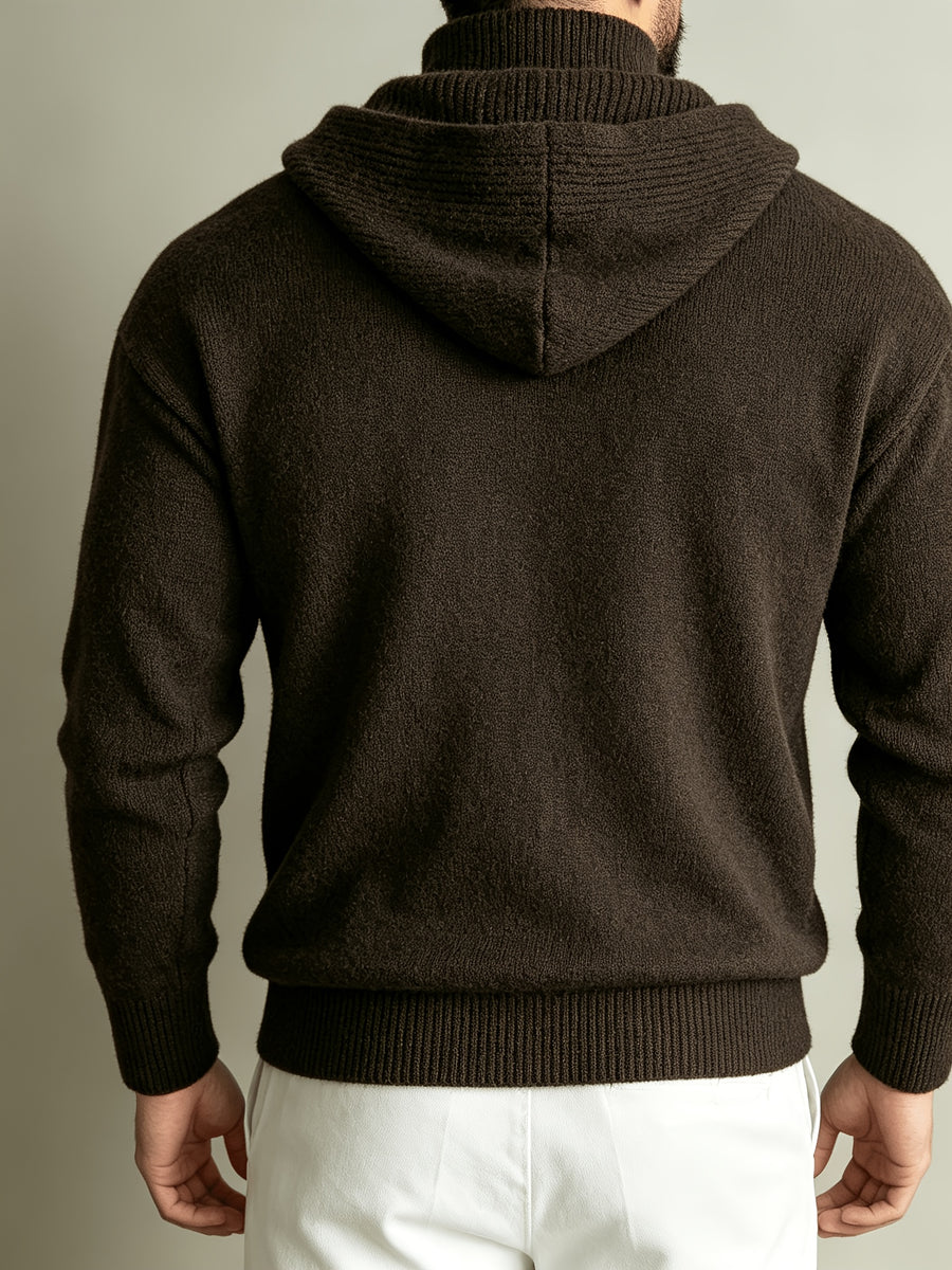 Autumn/Winter Men's 2-in-1 Look Hooded Knit Sweater, Half-Zip High Neck Design with Overlay Button Placket, Fine, Soft, and Skin-Friendly Fabric, Regular Fit for Slimming and Concealing. A Versatile Top for Casual and Daily Commutes, a Warm - Coffee Color
