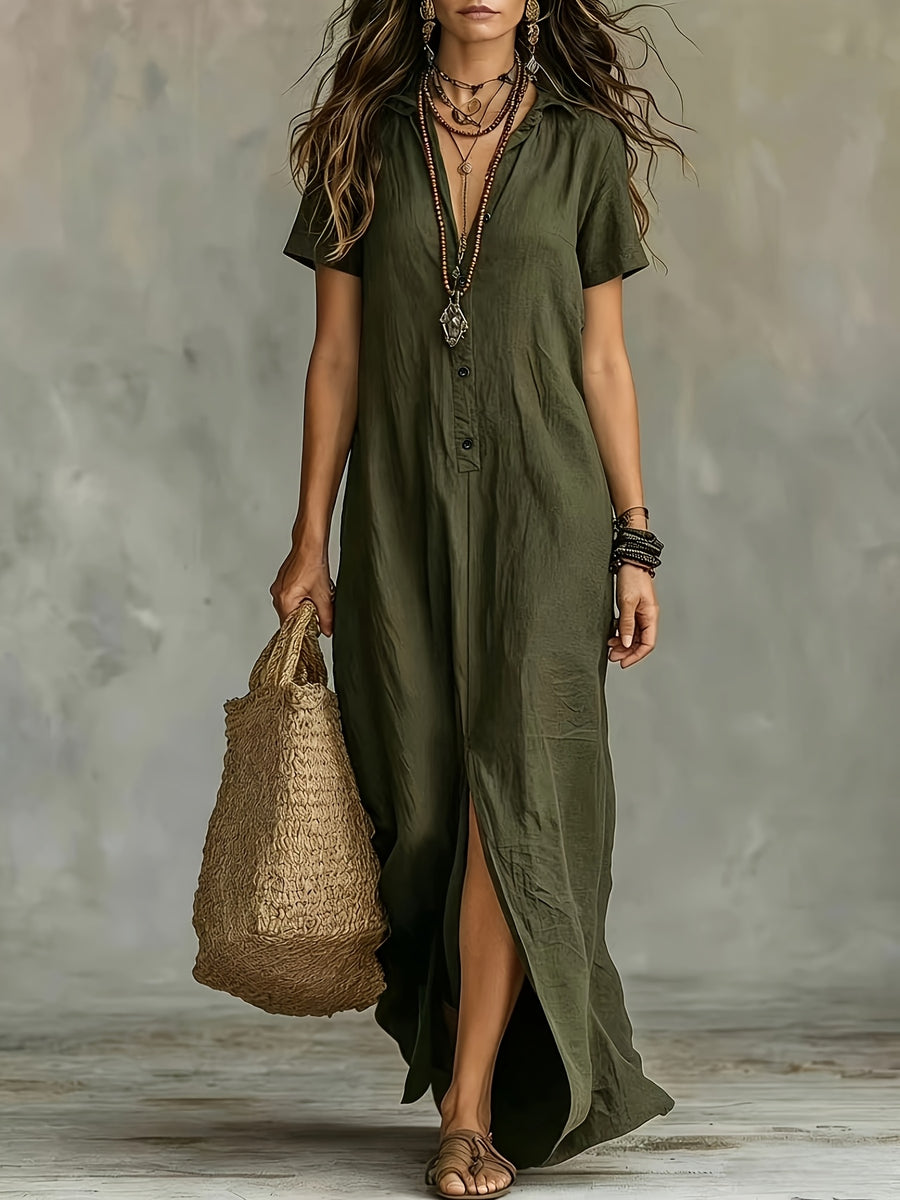 Women'S Casual Solid Color V-Neck Slit Lazy Style Shirt Dress Button Front Opening Bohemian Shirt Style Loose Long Dress - Military Green