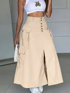 Spring And Autumn Casual Style Cargo Skirt, Button-Detail Slit, Individual And Versatile - Light Beige