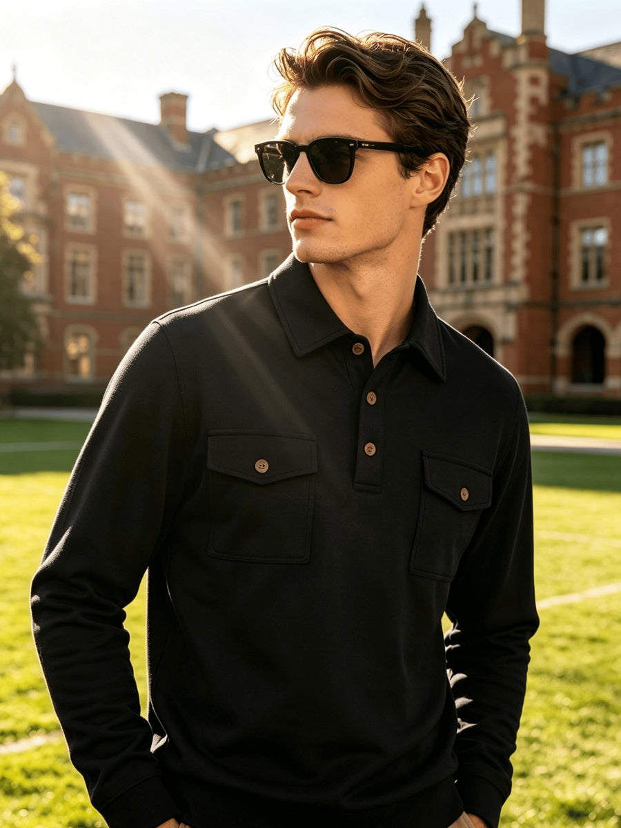 2026 New Men'S Long Sleeve Cargo Polo Sweatshirt, Double Pocket Lapel Design, Autumn Casual Commuter Pullover Top, Christmas Thanksgiving Gift for Boyfriend Husband - Black