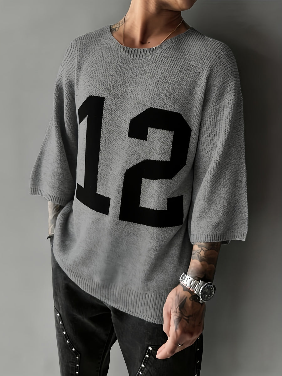 JANE DRESSINGLOG European And American Men'S Summer New Digital Knitwear Round Neck Shoulder Short Sleeve Digital Design Hoodie Sweater Casual Versatile Street Lazy Style Knitted Hoodie, Suitable for Daily Commuting And Outing Wear - Grey