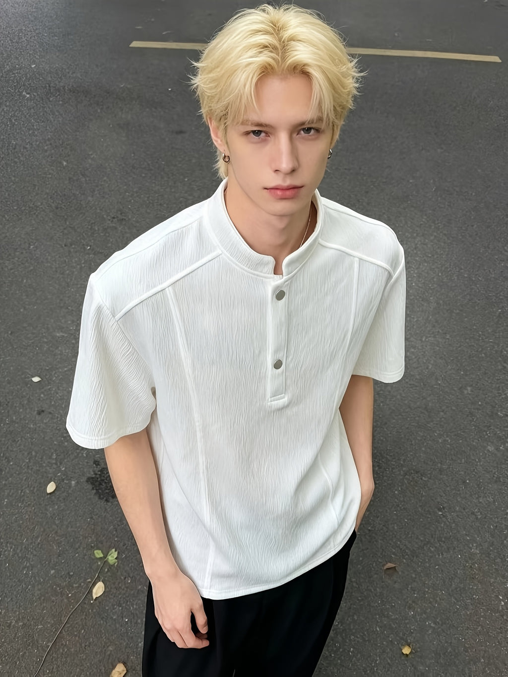 2026 Men'S Summer Casual Old Money Style Bark Texture Henley Short Sleeve Polo Shirt Men'S Loose Regular Shoulder Half Sleeve - White