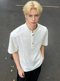 2026 Men'S Summer Casual Old Money Style Bark Texture Henley Short Sleeve Polo Shirt Men'S Loose Regular Shoulder Half Sleeve - White