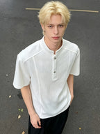 2026 Men'S Summer Casual Old Money Style Bark Texture Henley Short Sleeve Polo Shirt Men'S Loose Regular Shoulder Half Sleeve - White