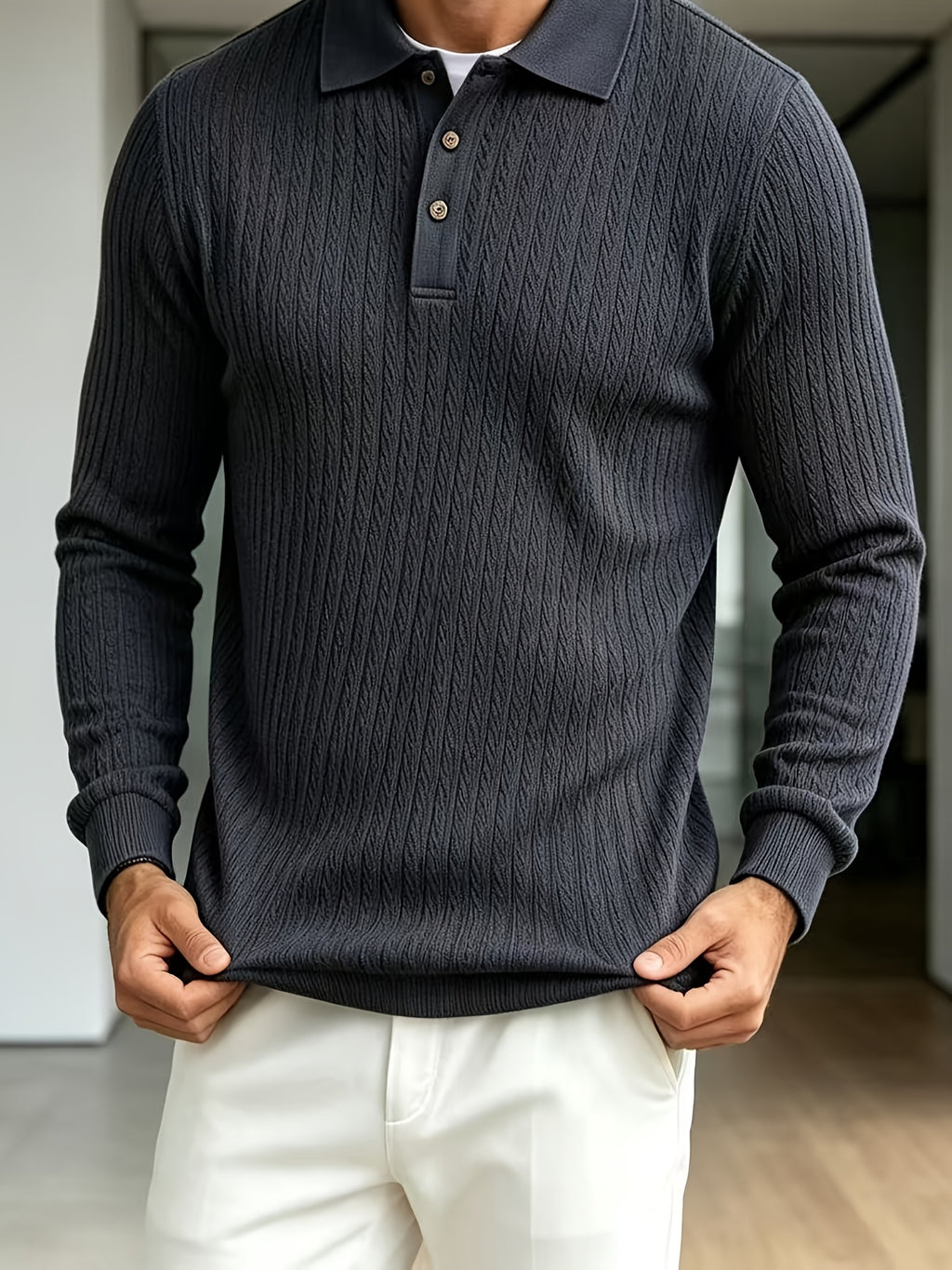2026 New Men's Long-Sleeve Polo Shirt, Jacquard Texture Lapel Top, Casual Three-Button Knitted Business Versatile Long-Sleeve T-Shirt - Navy Color