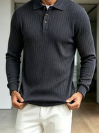 2026 New Men's Long-Sleeve Polo Shirt, Jacquard Texture Lapel Top, Casual Three-Button Knitted Business Versatile Long-Sleeve T-Shirt - Navy Color