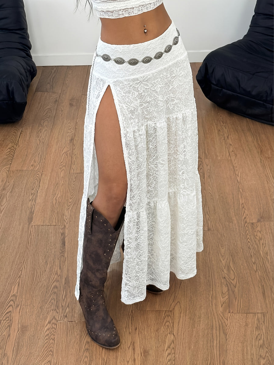 Spring/Summer Women's Fashionable and Comfortable Vacation Style Side Slit Design Solid Color Skirt, High-End Slim-Fit Lace Long Skirt, Slightly Sheer - White