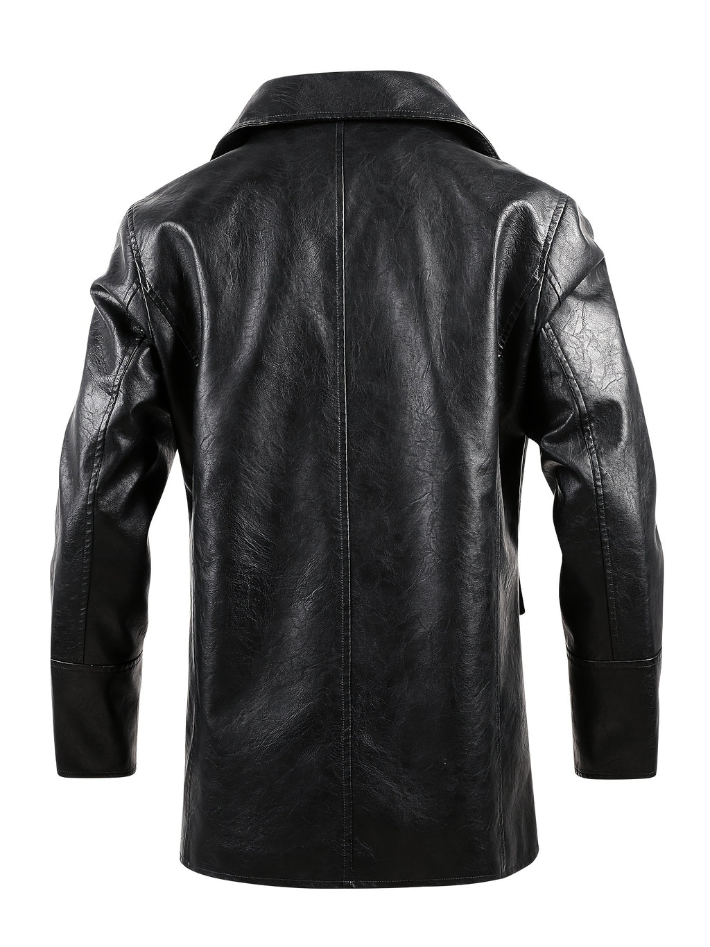 Autumn/Winter New Mid-Length Solid Color Double-Breasted Lapel Cardigan for Men, Casual Business Style PU Trench Coat Jacket - Black