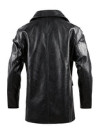 Autumn/Winter New Mid-Length Solid Color Double-Breasted Lapel Cardigan for Men, Casual Business Style PU Trench Coat Jacket - Black