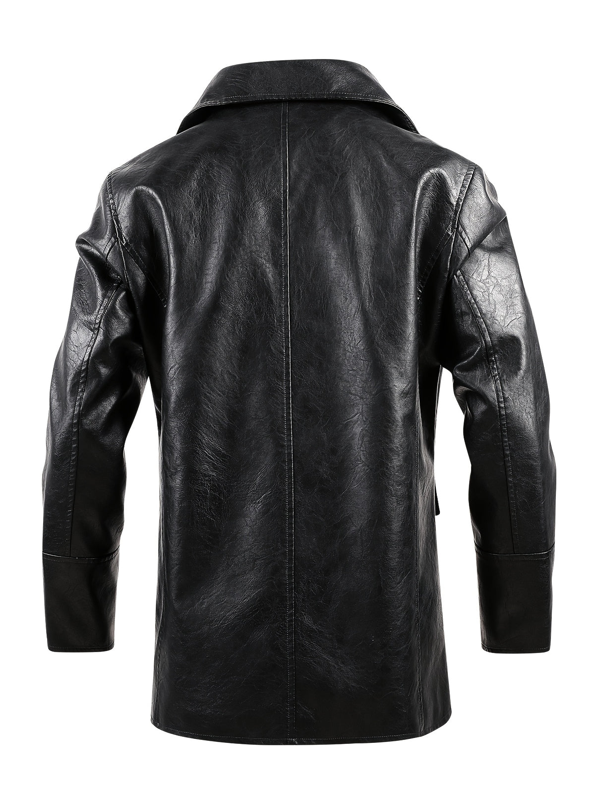 Autumn/Winter New Mid-Length Solid Color Double-Breasted Lapel Cardigan for Men, Casual Business Style PU Trench Coat Jacket - Black