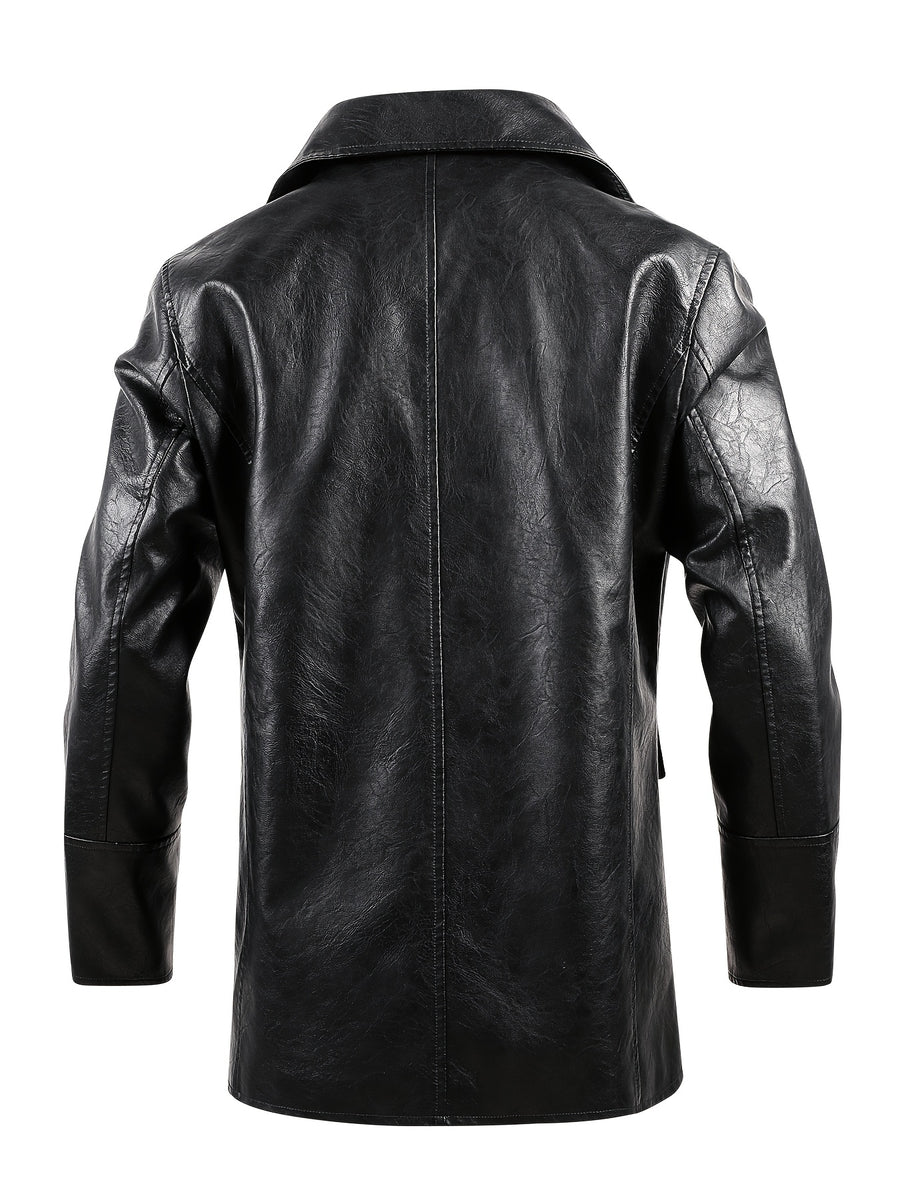 Autumn/Winter New Mid-Length Solid Color Double-Breasted Lapel Cardigan for Men, Casual Business Style PU Trench Coat Jacket - Black