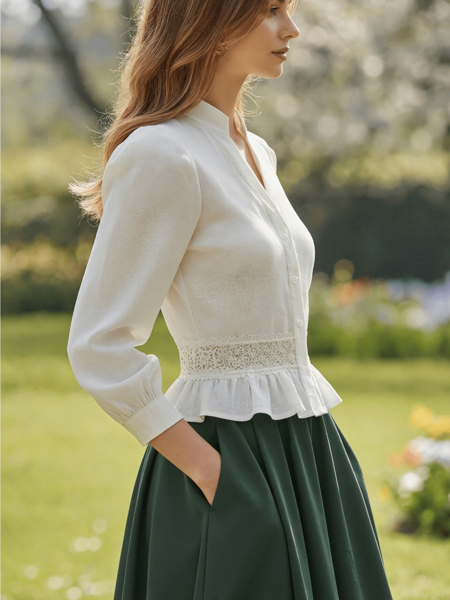 Vintage V-Neck Puff Sleeve Blouse for Women, Lace Patchwork with Ruffle Hem, Waist-Cinching Commuter Top, No Belt - White