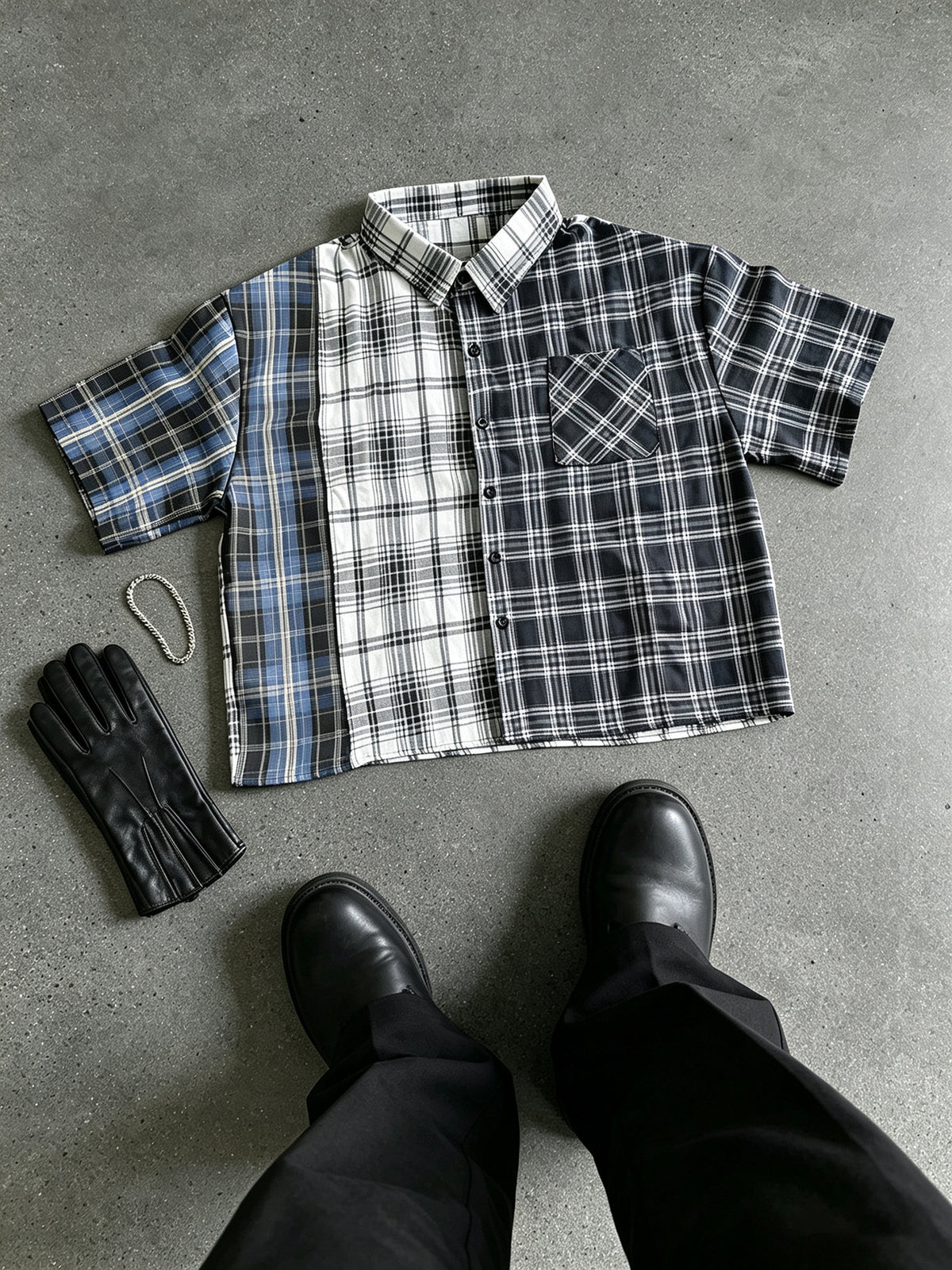 Men's Mature Casual Style Patchwork Plaid Short Sleeve Cropped Shirt, Asymmetric Contrast Color Loose Fit Blouse, Summer Casual Versatile Top, Gloves Not Included - Mixed colors