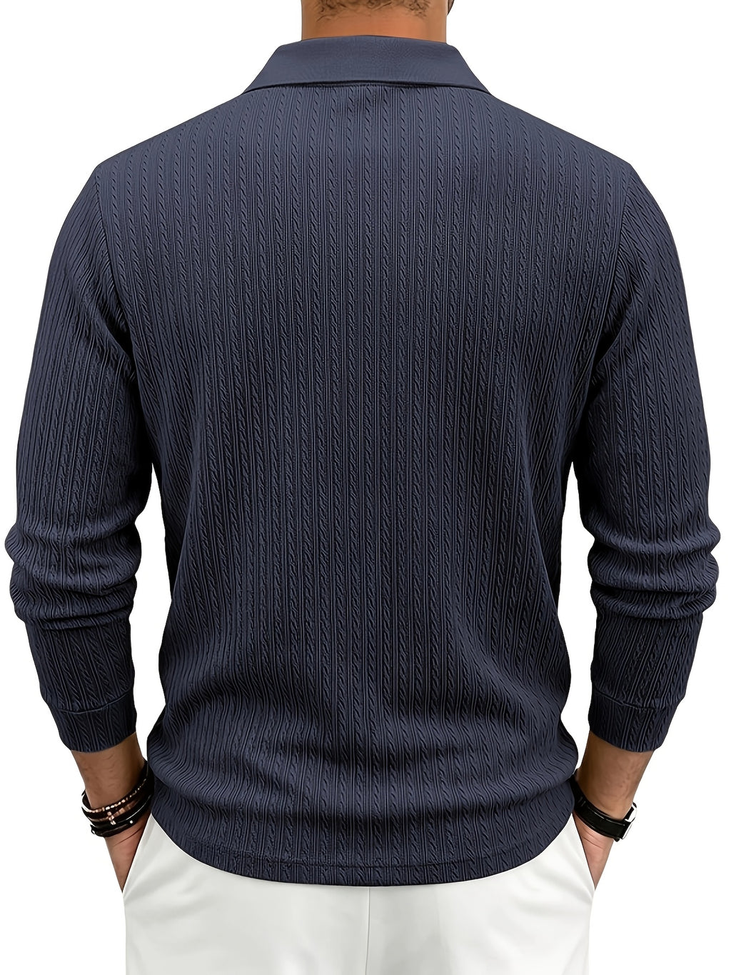 Spring/Autumn Men'S Long Sleeve Polo Shirt, High-Elastic Textured Vertical Rib Jacquard Collar T-Shirt, Business Casual Slim Fit Versatile Solid Color Pullover Top - Navy Color