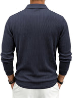 Spring/Autumn Men'S Long Sleeve Polo Shirt, High-Elastic Textured Vertical Rib Jacquard Collar T-Shirt, Business Casual Slim Fit Versatile Solid Color Pullover Top - Navy Color