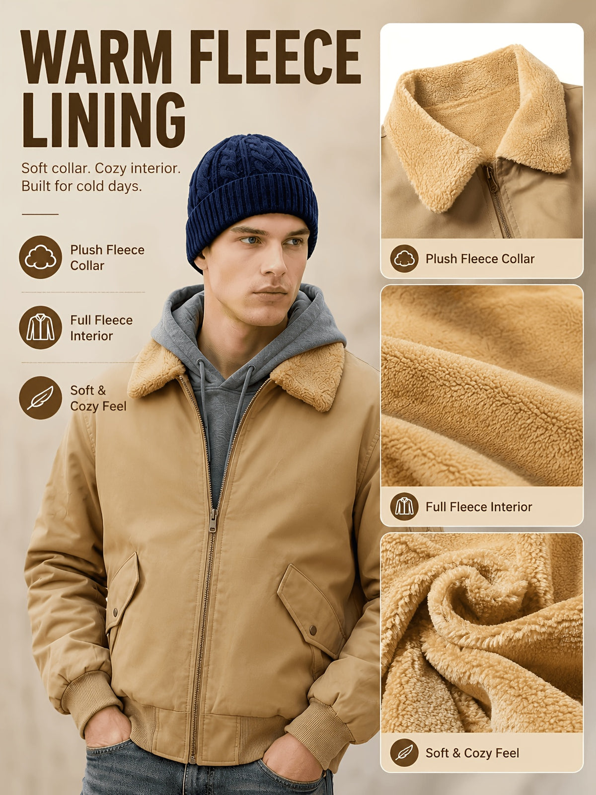 Men'S Autumn Winter Jacket Fleece Bomber Jacket Faux Lamb Shear Fleece Windproof Warm Jacket - Yellowish-brown