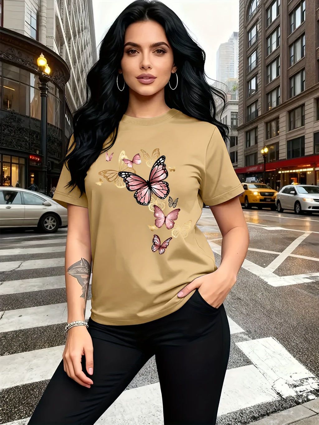 Watercolor Style Butterfly Pattern Print, Fashion Breathable T-Shirt, Family Travel, Campus, Casual, Daily Commute, Sisters' Matching Outfit, Versatile T-Shirt - Khaki