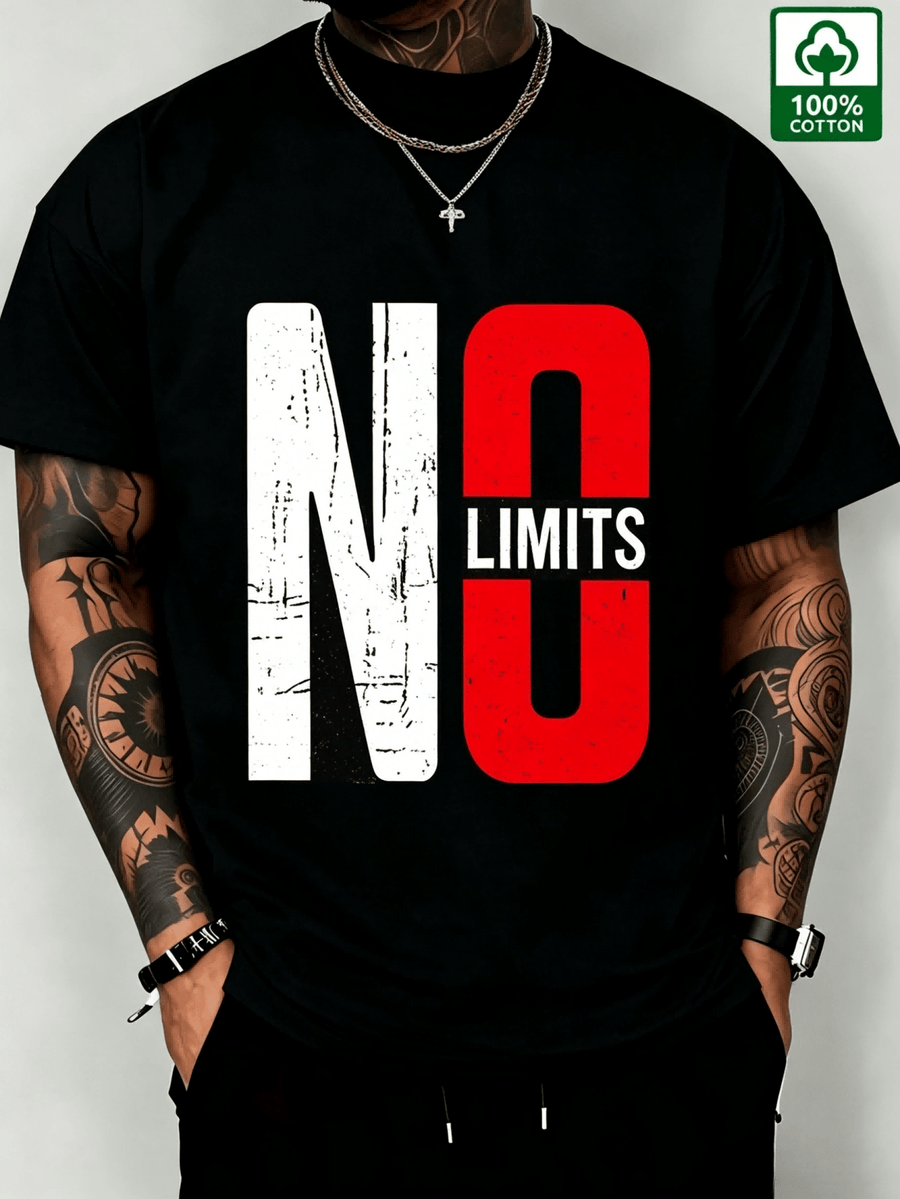 NO LIMITS Personalized Letter Print Unisex Short Sleeve, Made of 210G High-Quality Pure Fabric, Soft And Skin-Friendly Breathable, Dyes Keep Colors Fresh for a Long Time. Classic Trendy Brand Style Design Combined with Distressed Worn-Out Print - Black