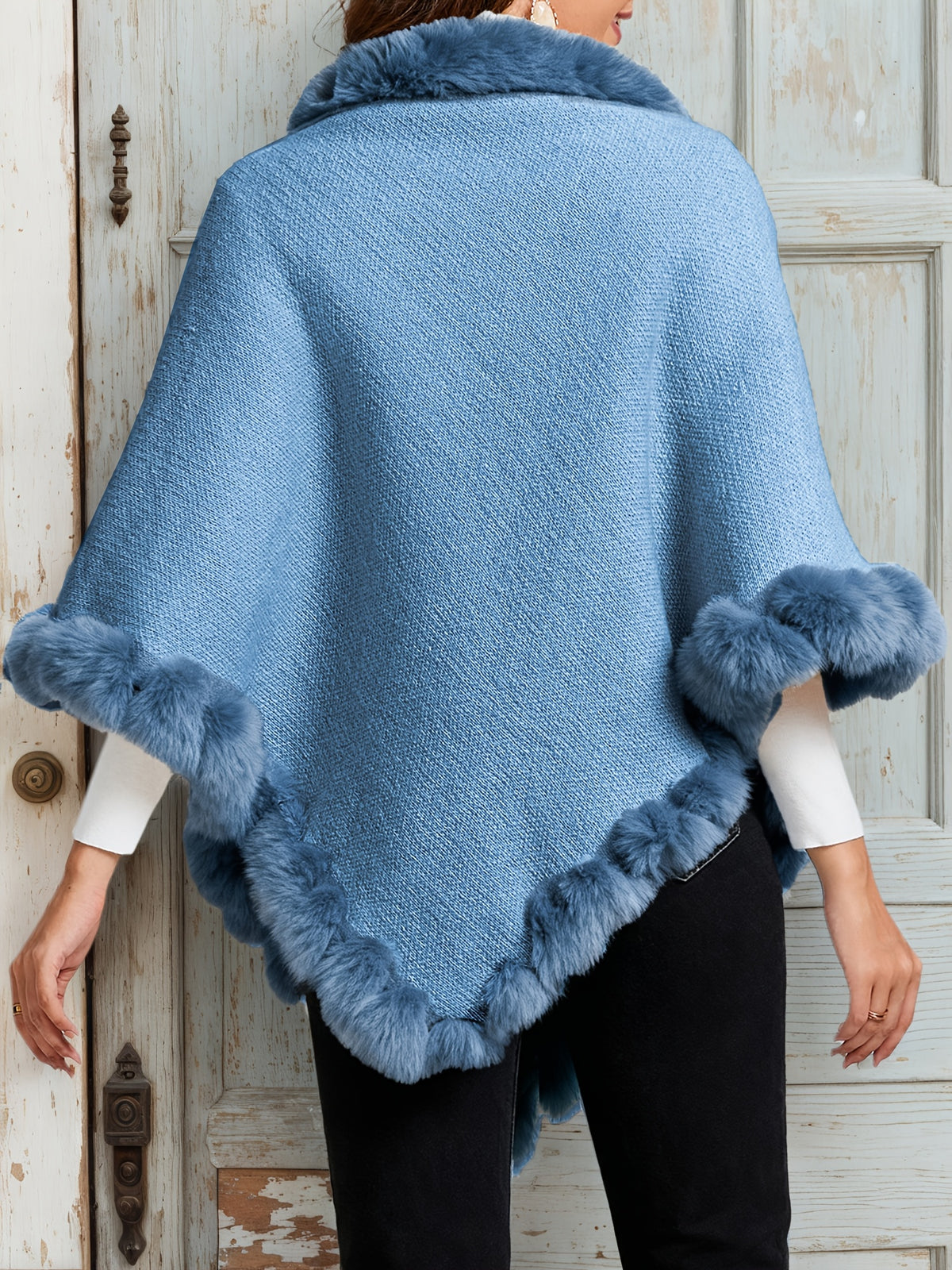 Elegant Special Edition "Pure Body Bust" - 1pc Elegant Women's Solid Color Waffle Shawl Pullover, 100% Polyester Fiber, Faux Trim Collar Patchwork, Stylish and Elegant European/American Style Warm Pullover, Suitable for Autumn/Winter - Blue
