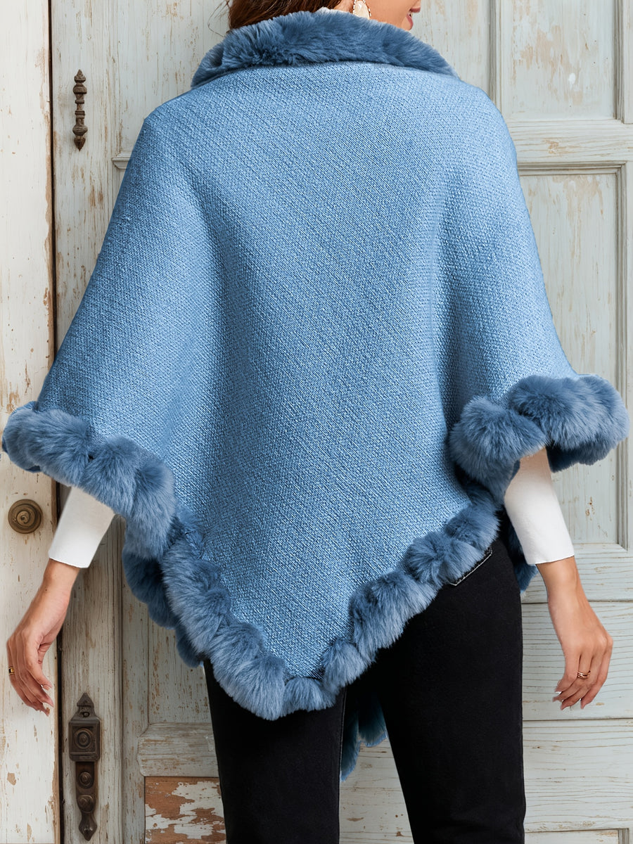Elegant Special Edition "Pure Body Bust" - 1pc Elegant Women's Solid Color Waffle Shawl Pullover, 100% Polyester Fiber, Faux Trim Collar Patchwork, Stylish and Elegant European/American Style Warm Pullover, Suitable for Autumn/Winter - Blue