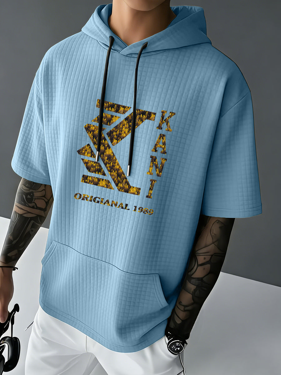 KANI Men's Waffle Knit Short Sleeve Hooded Sweatshirt with Comfortable Print and Drawstring, Pocketed T-Shirt, Summer Casual Fashion Men's Wear, Suitable for Outings and Home Wear, Ideal for Daily and Formal Occasions, Simple Summer Fashion - Sky Blue