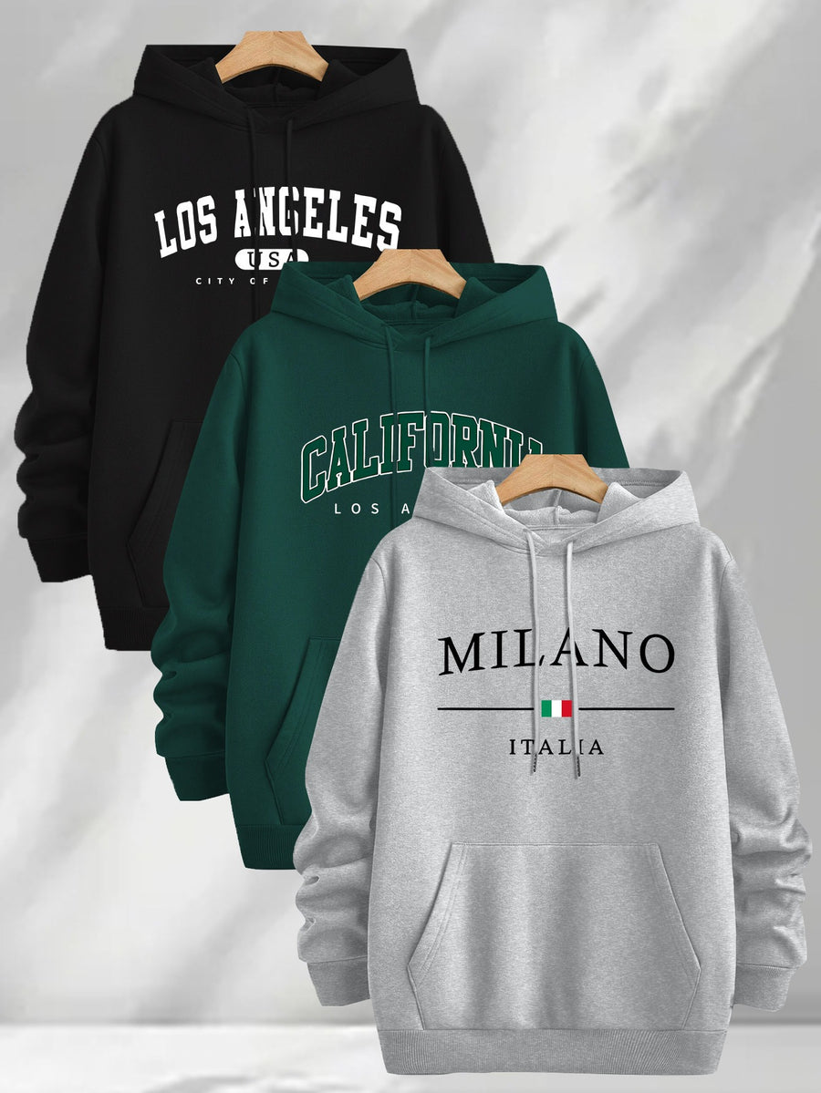 3pcs Urban Element Print Sweatshirt, Men's Casual Hooded Sweatshirt, Long-sleeve Pullover, Slight Stretch, Knitted Polyester Fabric, Regular Men's Hoodie - Black + Green + Light Gray