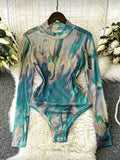 European And American Sexy Tie-Dye Printed Long-Sleeve Jumpsuit for Women, Fitted Mesh Base Layer T-Shirt, Y2K Style - Dark Green