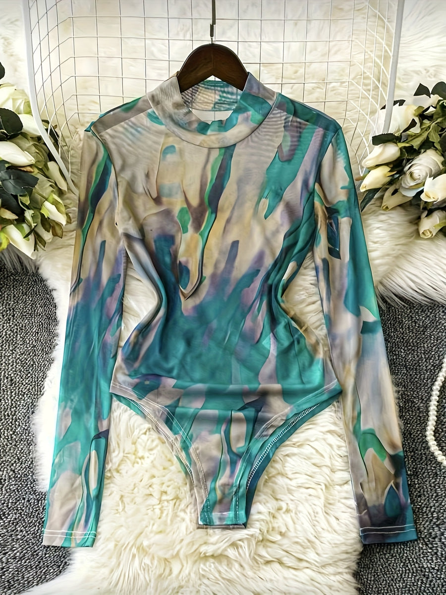 European And American Sexy Tie-Dye Printed Long-Sleeve Jumpsuit for Women, Fitted Mesh Base Layer T-Shirt, Y2K Style - Dark Green