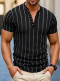 Men's Fashion Top, Spring/Summer Outdoor Casual Striped Sporty Single-Breasted Short-Sleeve Henley Shirt - Black