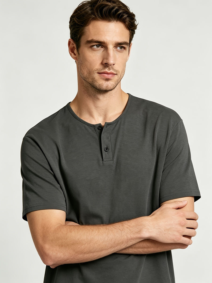 Short Sleeve T-Shirt Henley Collar Half-Open Round Neck Summer New Round Neck Solid Color Men'S Thin Top Athletic Short Sleeve Men'S Loose Plus Size Fitness Slim T-Shirt Henley Button-Up Collar Base Layer Training Trendy - Dark Gray