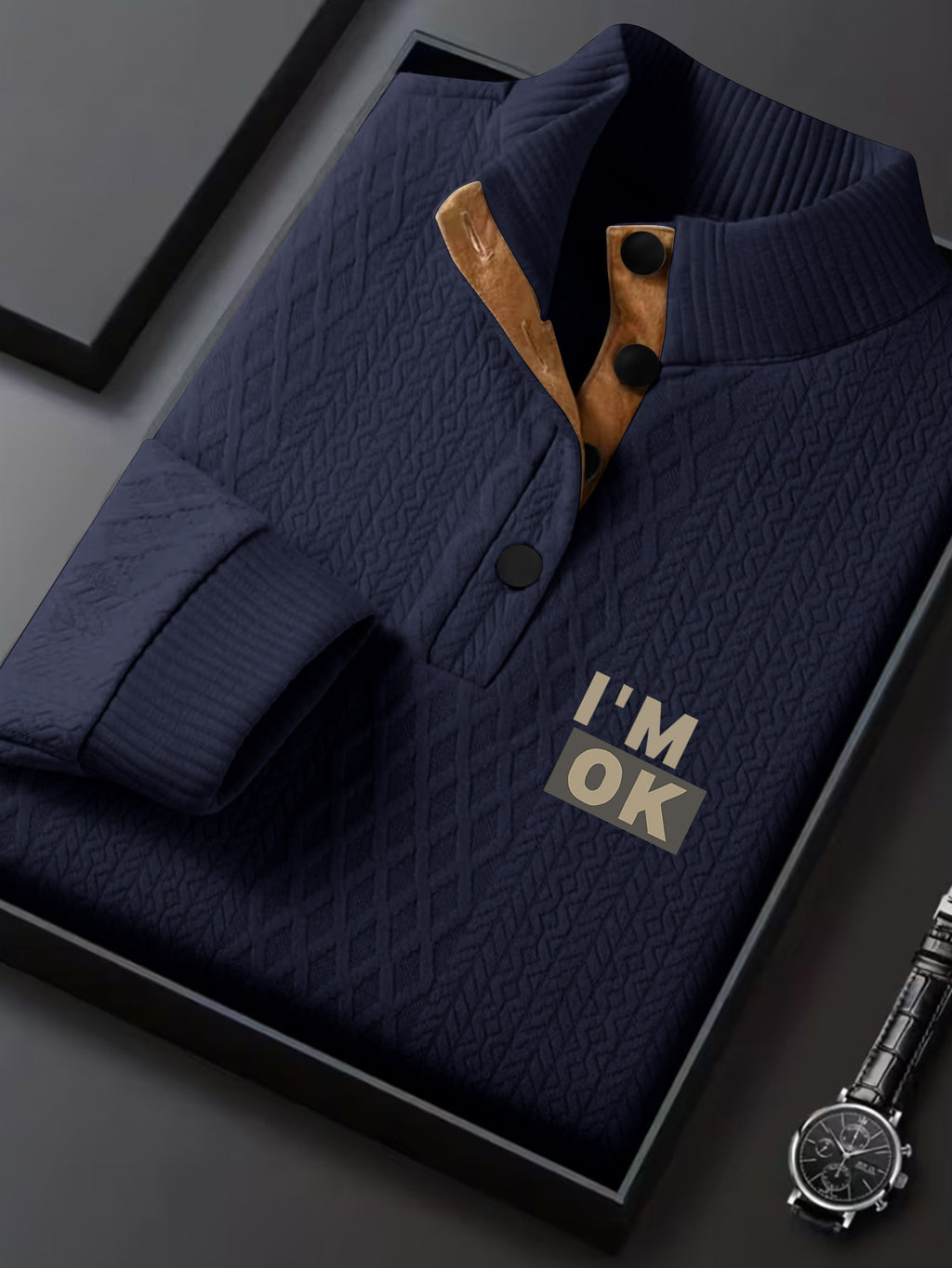 1pc Men'S Stand-Up Collar Jacquard Knit Henley Shirt, Mature Retro Mock Neck Pullover Polo, Random Texture Color-Block Neckline Jacquard Patchwork Design, Suitable for Outdoor Casual Sports Wear, Can Be Used As a Men'S Birthday Gift - Navy Color