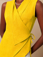 Women'S Solid Color Knotted Asymmetrical Hem Casual Versatile Daily Wear Shirt - Yellow