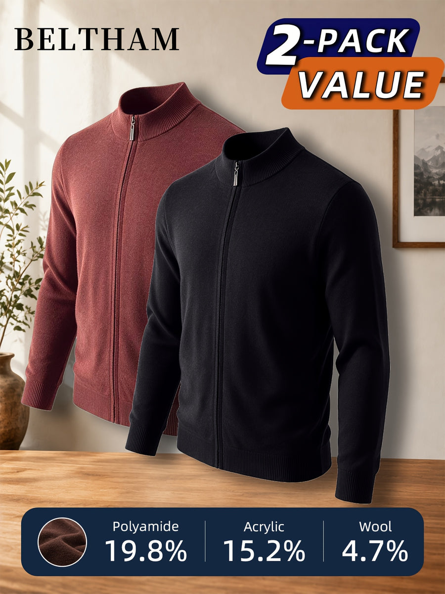 2pcs New Spring Autumn Winter Men'S Knit Cardigan, Ideal Gift for Father And Husband, Solid Color Zipper Design Sweater, Elegant Versatile Knit Cardigan Coat, Suitable for Daily Casual Business Sports Outdoor Camping Fishing Wear - Brick Red+Black
