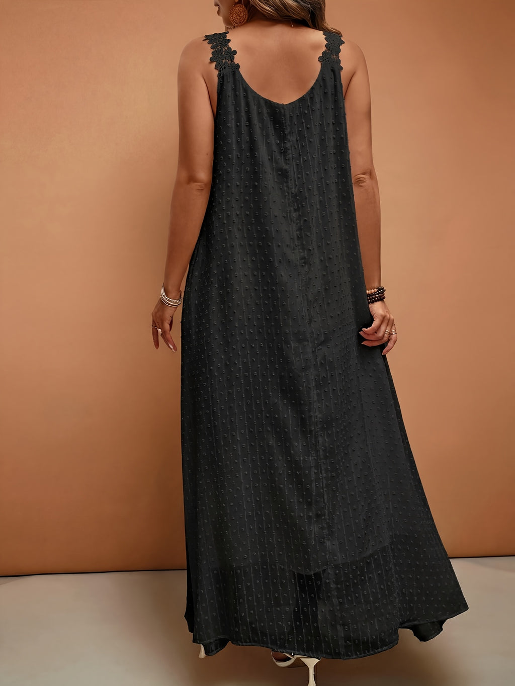 Women'S Elegant Vacation V-Neck Lace Trim Solid Color French Style Dress, Wedding Guest Dress - Black