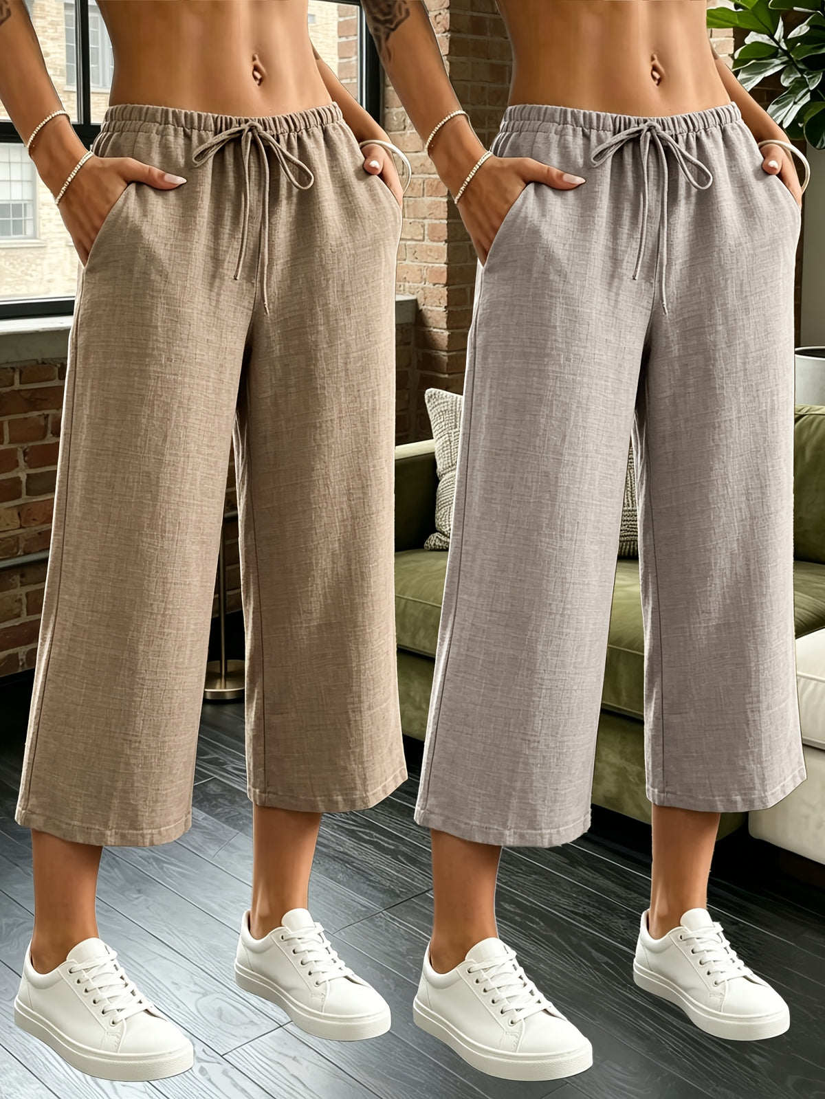 2pcs Women's Quick-Dry Compression Capri Pants - Full-Length Suitable for,, & Casual Wear, Pocketed Leggings, Machine Washable Solid Color Pants for Year-Round and Everyday Use - Coffee... Khaki Exquisite Hemp