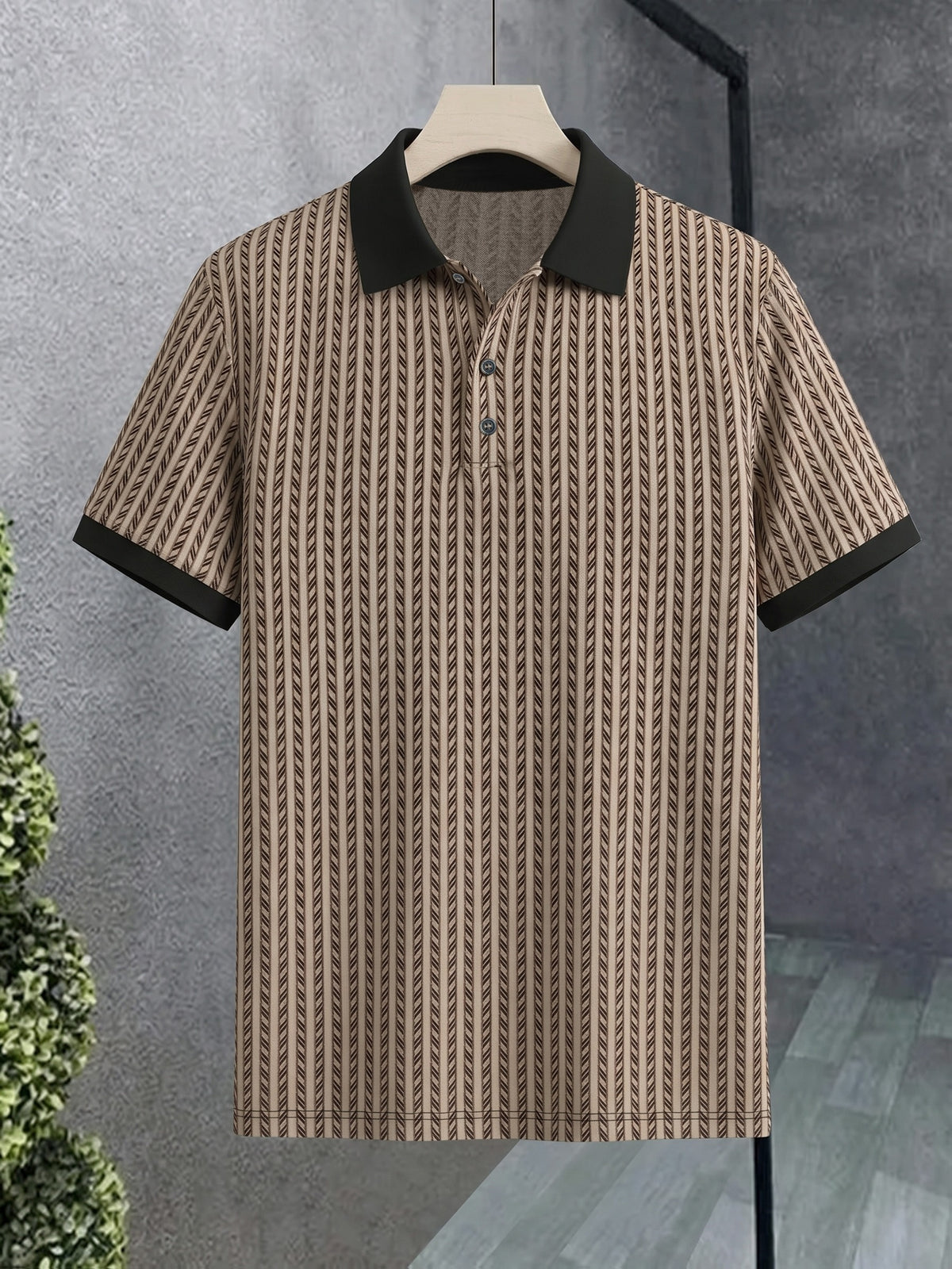 Men's Breathable Short-Sleeve Polo Shirt with Contrast Lapel Collar & Button-Up Collar - Striped Button Placket, Suitable for Casual, Business, Commuting - Machine Washable Summer Top for Daily Wear, Office & -Casual Outfits - Khaki Color